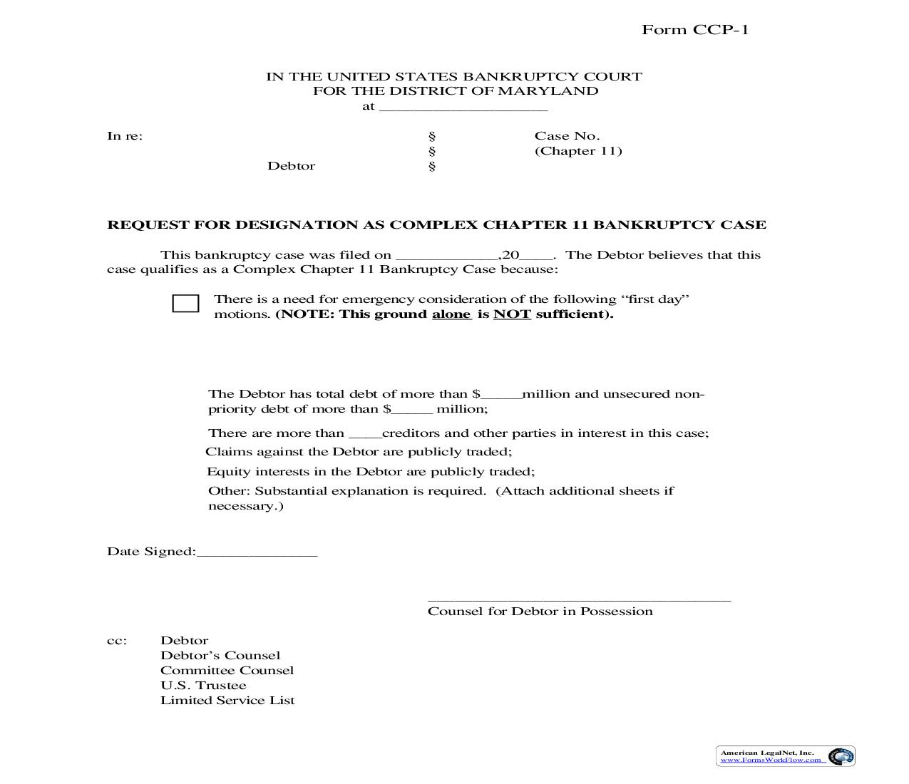Request For Designation As Complex Chapter 11 Bankruptcy Case {CCP-1} | Pdf Fpdf Doc Docx | Maryland