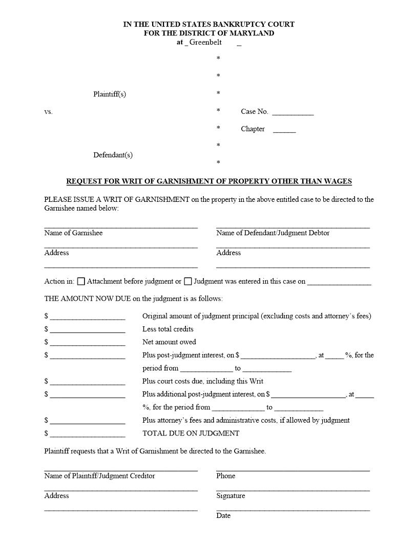 Request For Writ Of Garnishment Of Property Other Than Wages | Pdf Fpdf Docx | Maryland