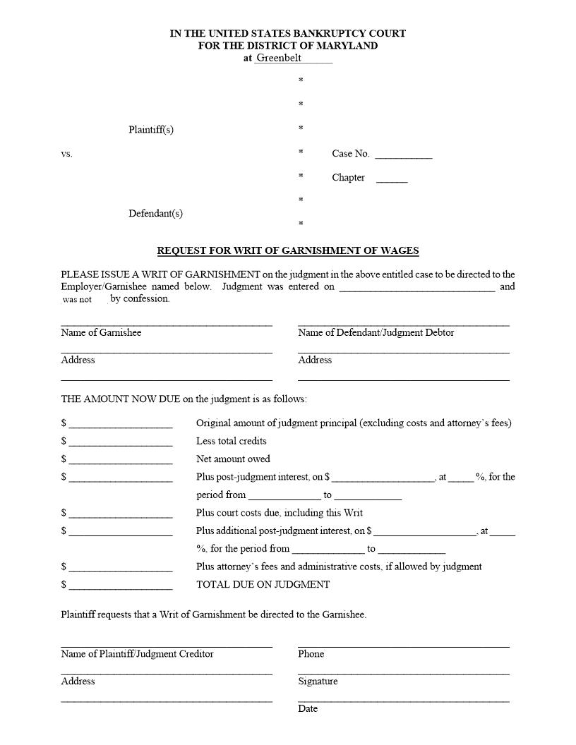 Request For Writ Of Garnishment Of Wages | Pdf Fpdf Docx | Maryland