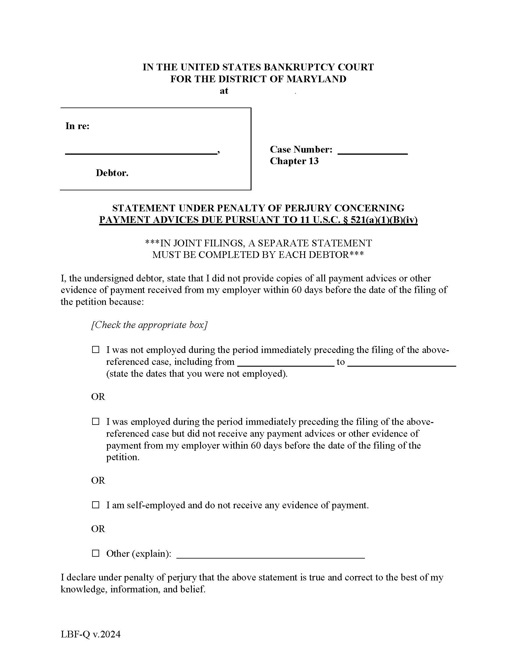 Statement Under Penalty Of Perjury Concerning Payment Advices Due {LBF Q} | Pdf Fpdf Doc Docx | Maryland