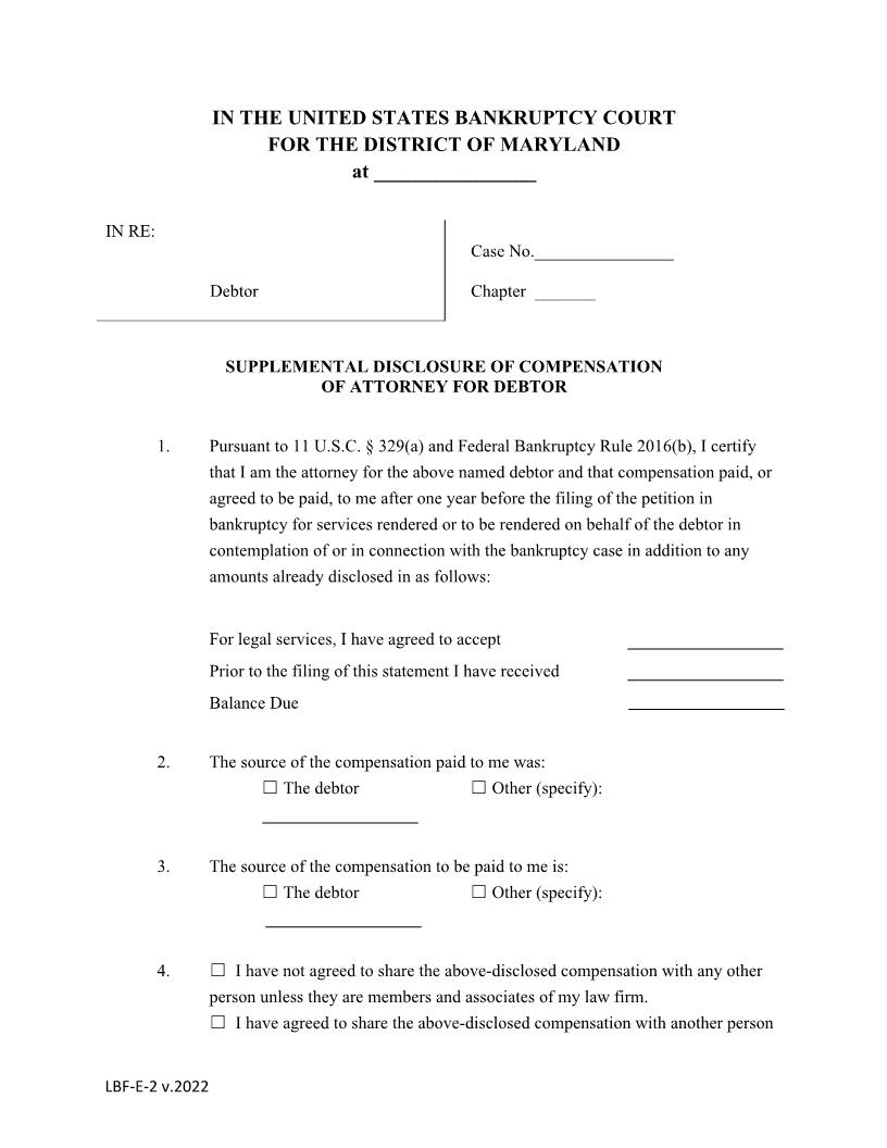 Supplemental Disclosure Of Compensation Of Attorney For Debtor {LBF E-2} | Pdf Fpdf Doc Docx | Maryland