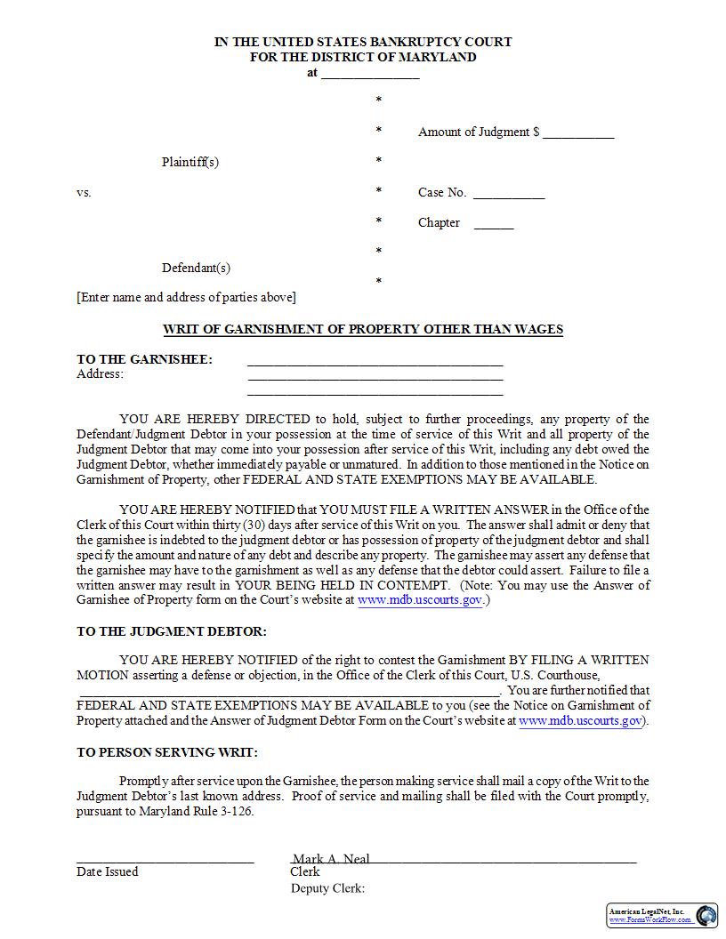 Writ Of Garnishment Of Property Other Than Wages | Pdf Fpdf Docx | Maryland