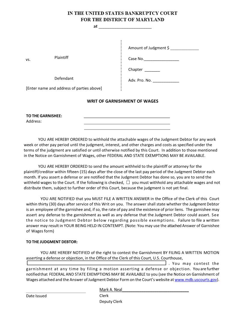 Writ Of Garnishment Of Wages | Pdf Fpdf Doc Docx | Maryland