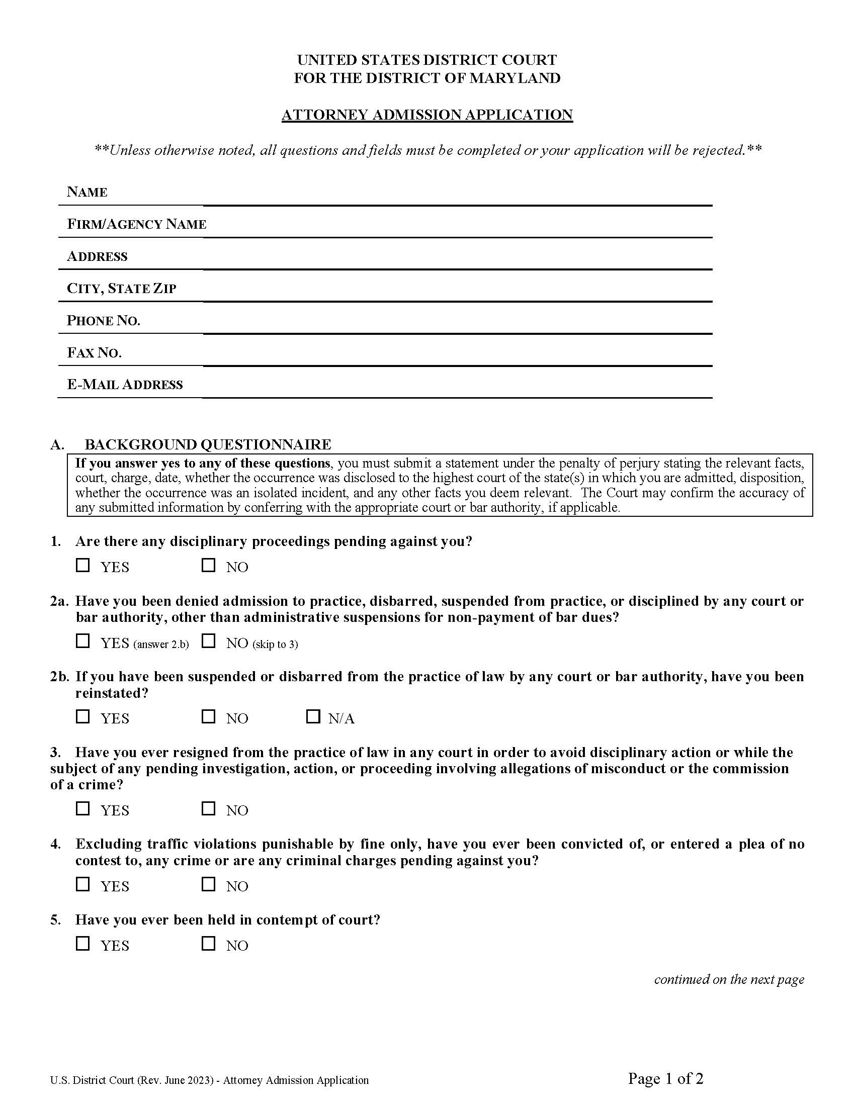 Attorney Admission Application | Pdf Fpdf Docx | Maryland