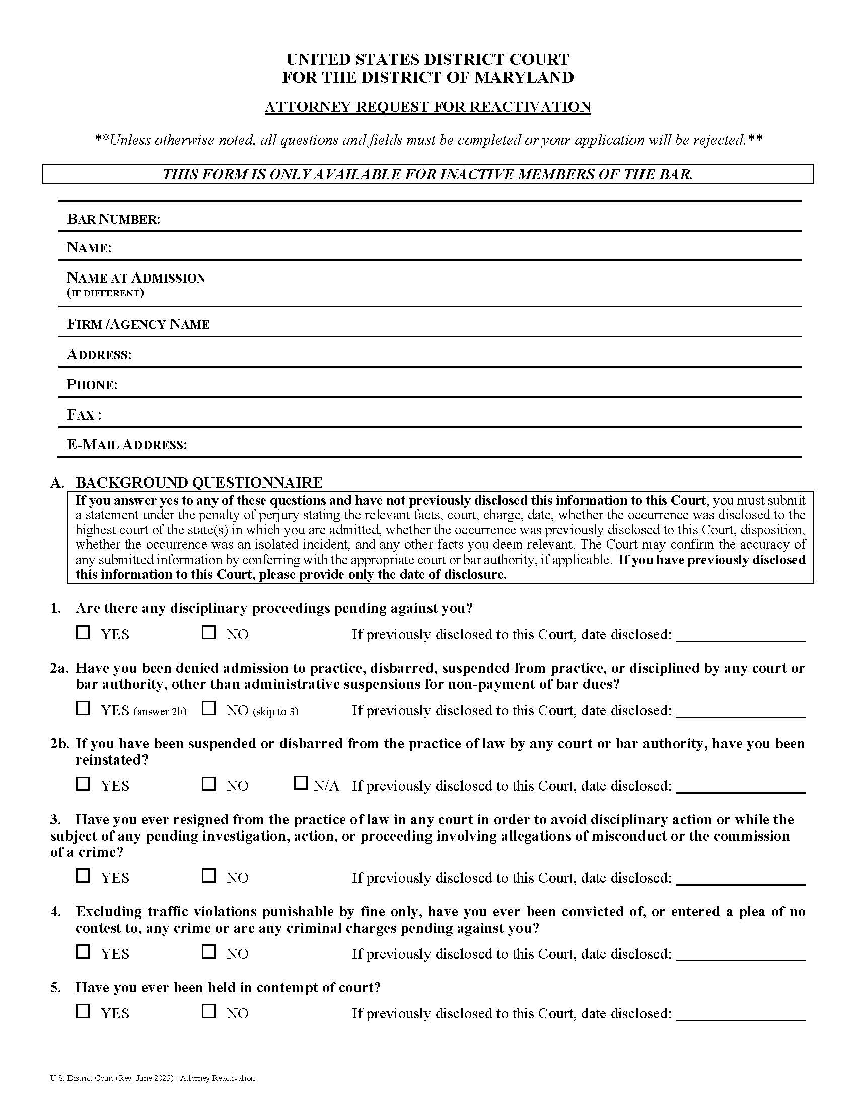 Attorney Request For Reactivation | Pdf Fpdf Docx | Maryland