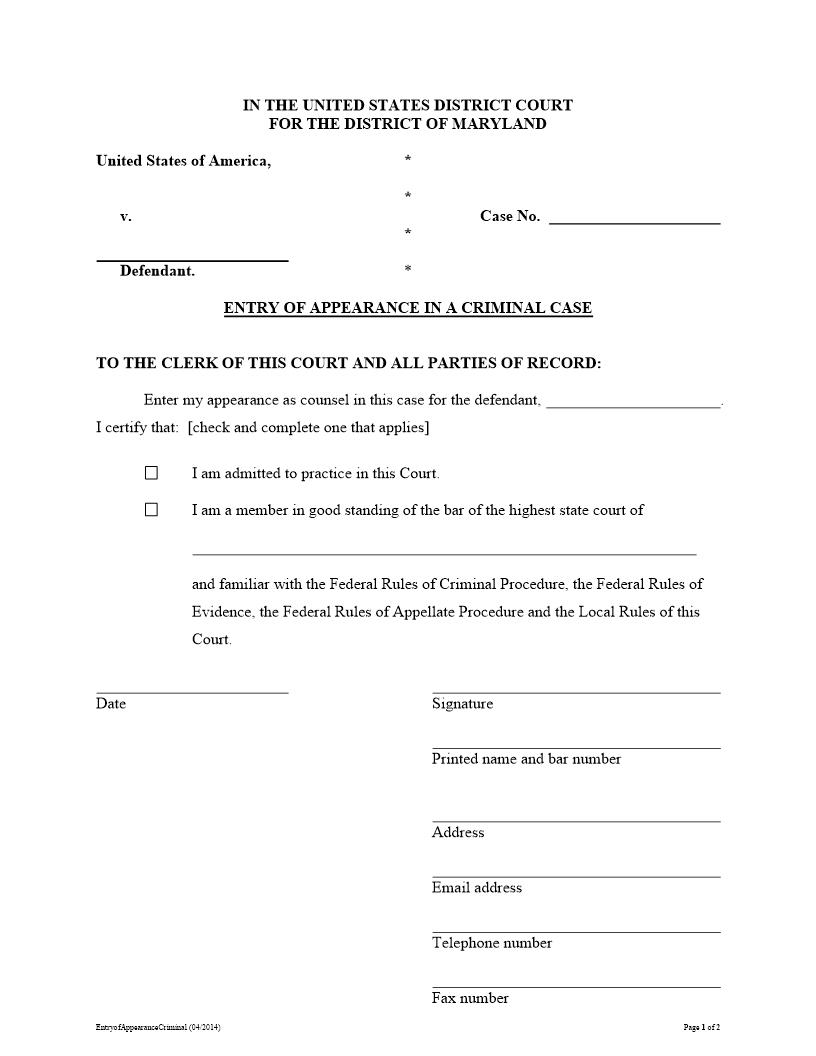 Entry Of Appearance In A Criminal Case | Pdf Fpdf Docx | Maryland
