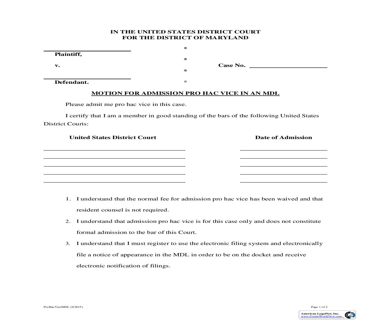 Motion For Admission Pro Hac Vice In An MDL | Pdf Fpdf Doc Docx | Maryland