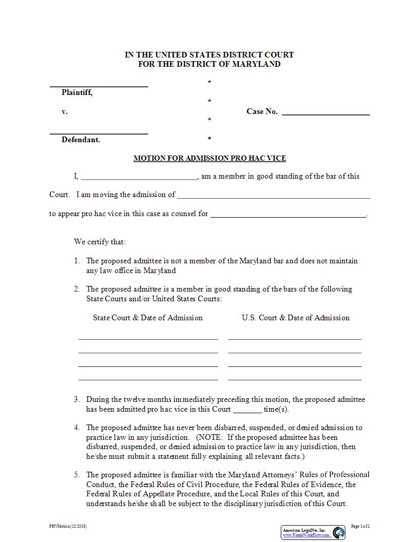 Motion For Admission Pro Hac Vice | Pdf Fpdf Docx | Maryland