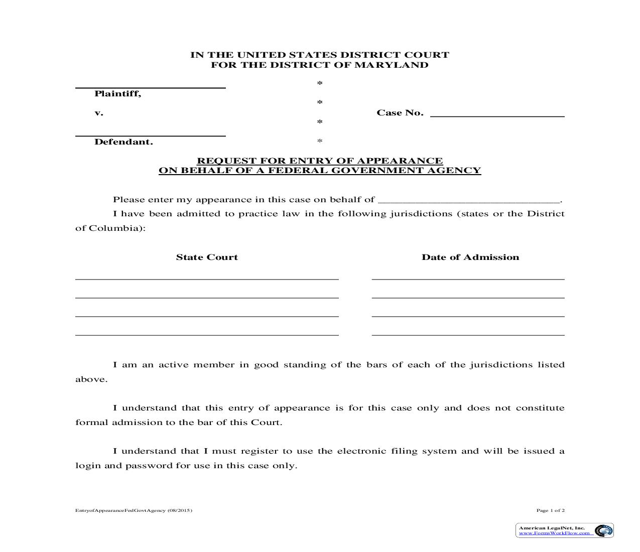 Request For Entry Of Appearance On Behalf Of A Federal Government Agency | Pdf Fpdf Doc Docx | Maryland