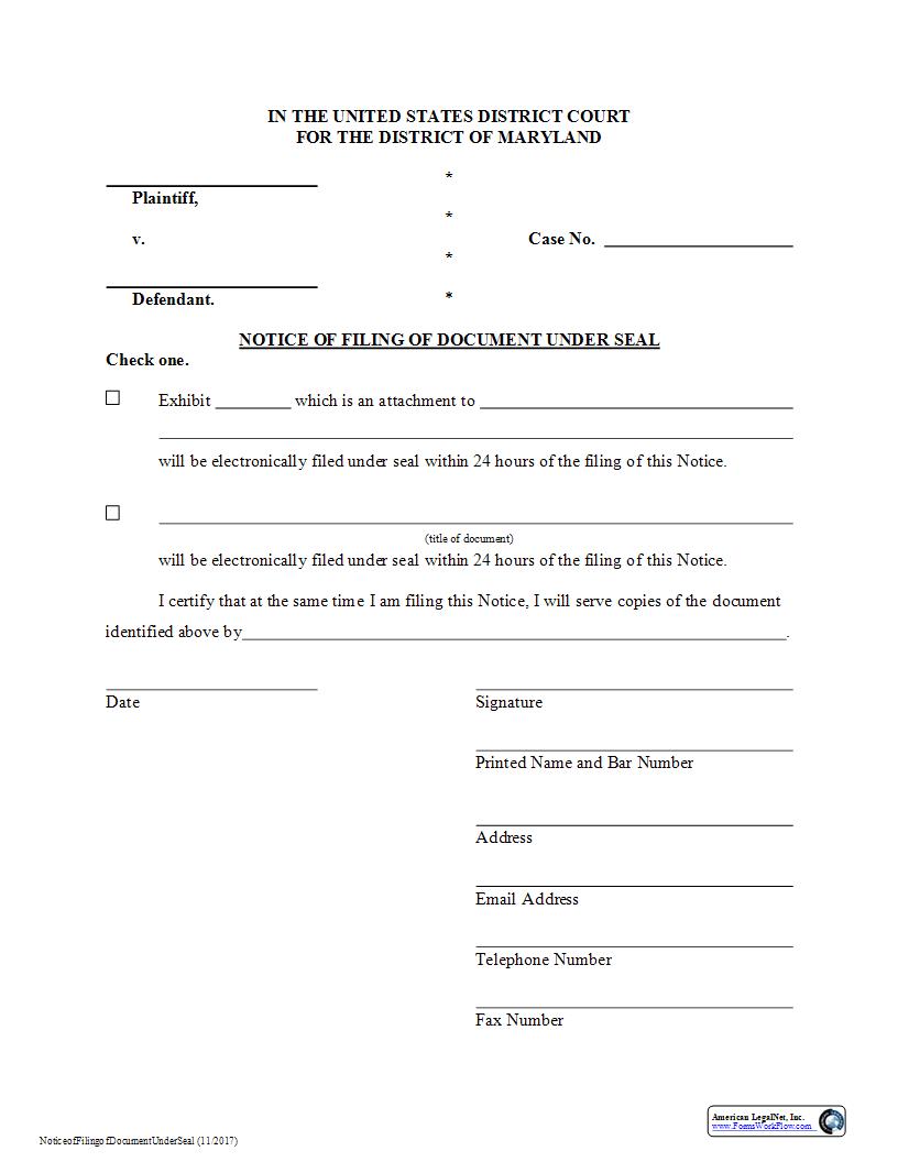 Notice Of Filing Of Document Under Seal | Pdf Fpdf Docx | Maryland