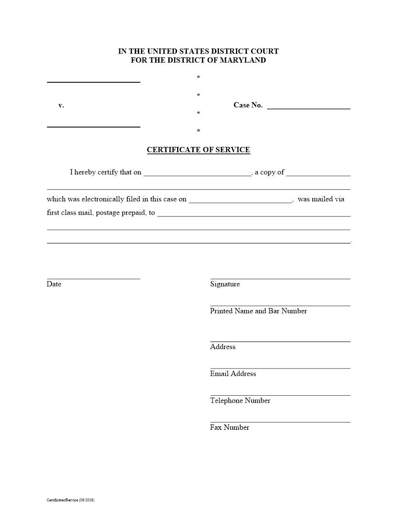 Certificate Of Service | Pdf Fpdf Docx | Maryland