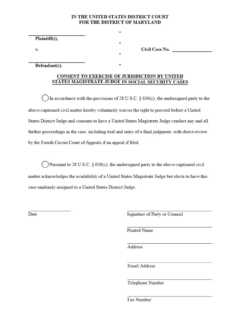 Consent To Exercise Of Jurisdiction By Magistrate Judge In Social Security Cases  | Pdf Fpdf Docx | Maryland