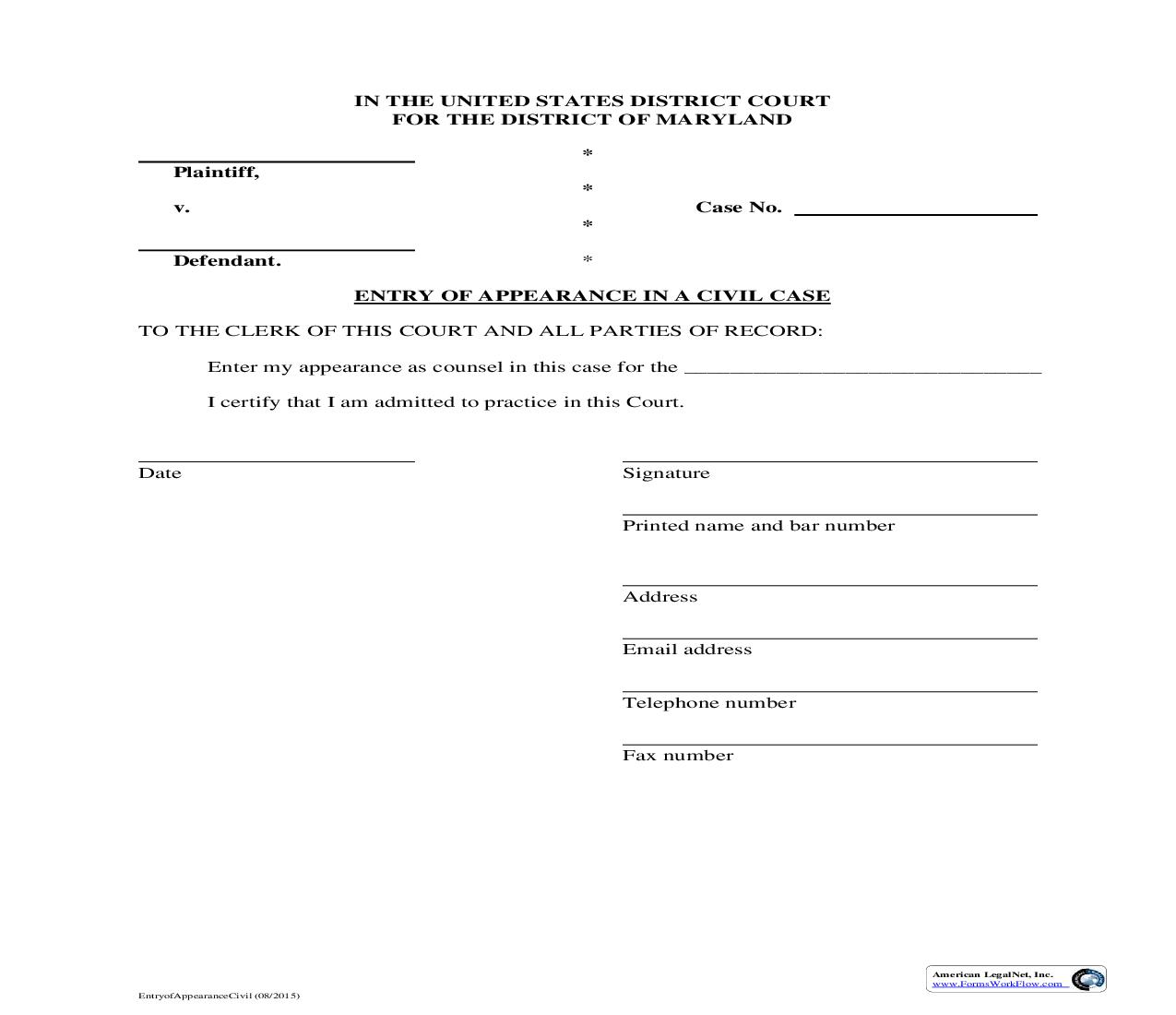Entry Of Appearance In A Civil Case | Pdf Fpdf Doc Docx | Maryland