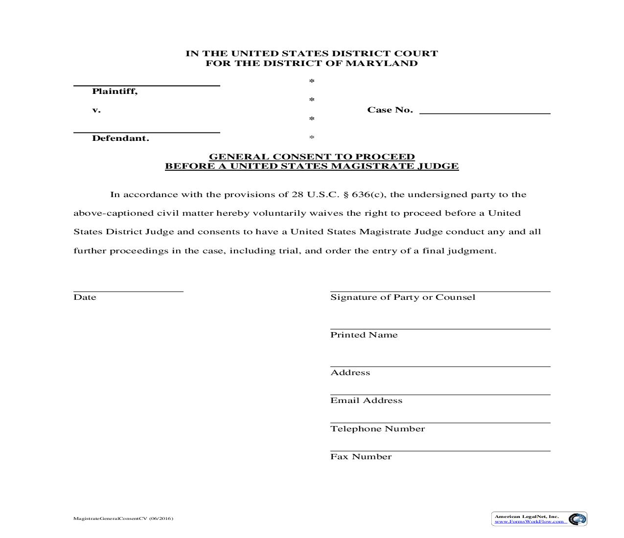 General Consent To Proceed Before US Magistrate Judge | Pdf Fpdf Doc Docx | Maryland