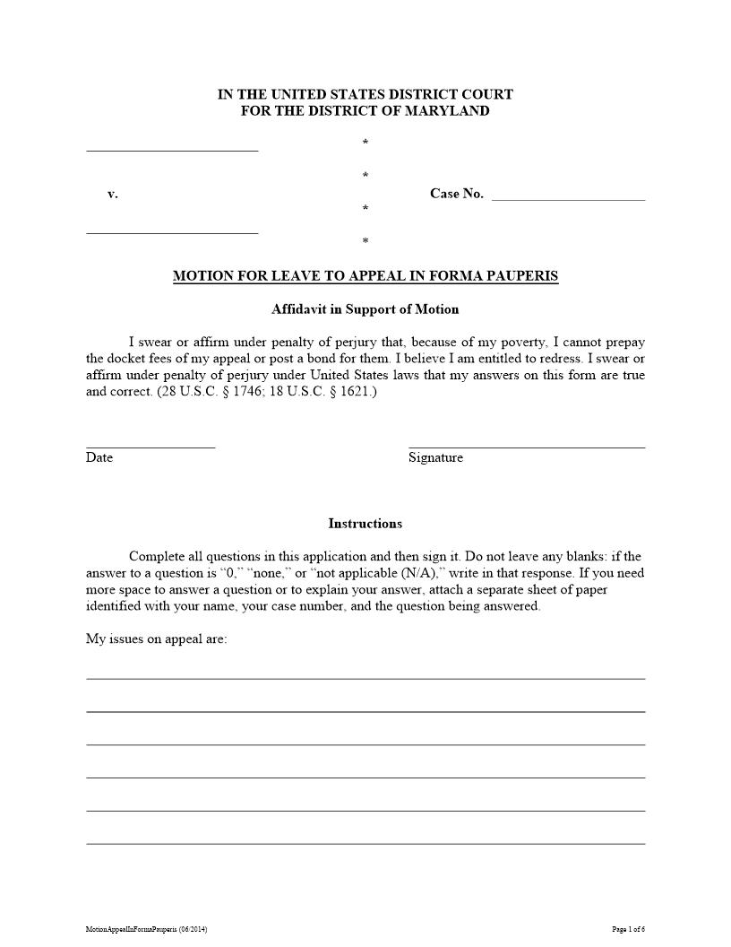 Motion For Leave To Appeal In Forma Pauperis | Pdf Fpdf Docx | Maryland