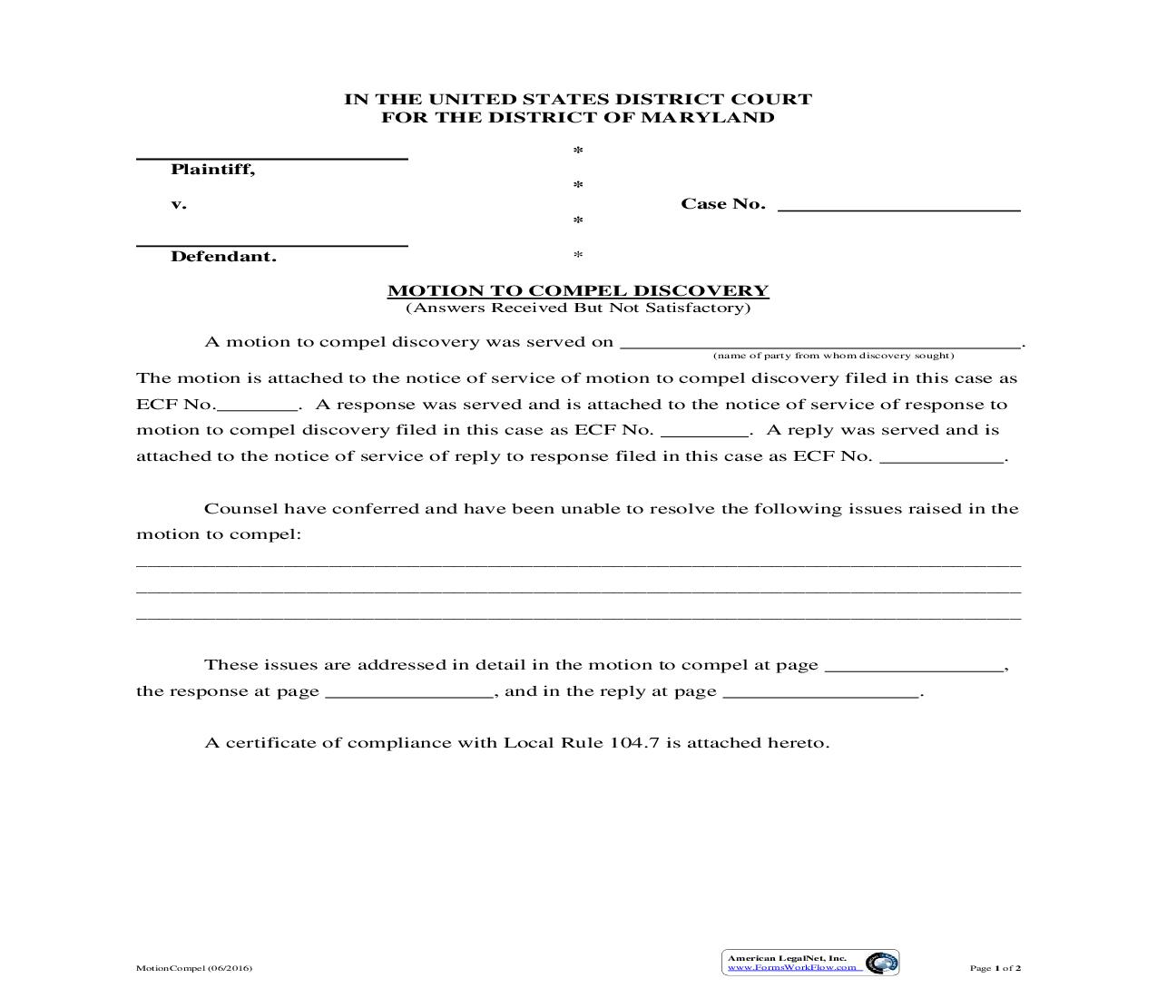 Motion To Compel Discovery | Pdf Fpdf Doc Docx | Maryland