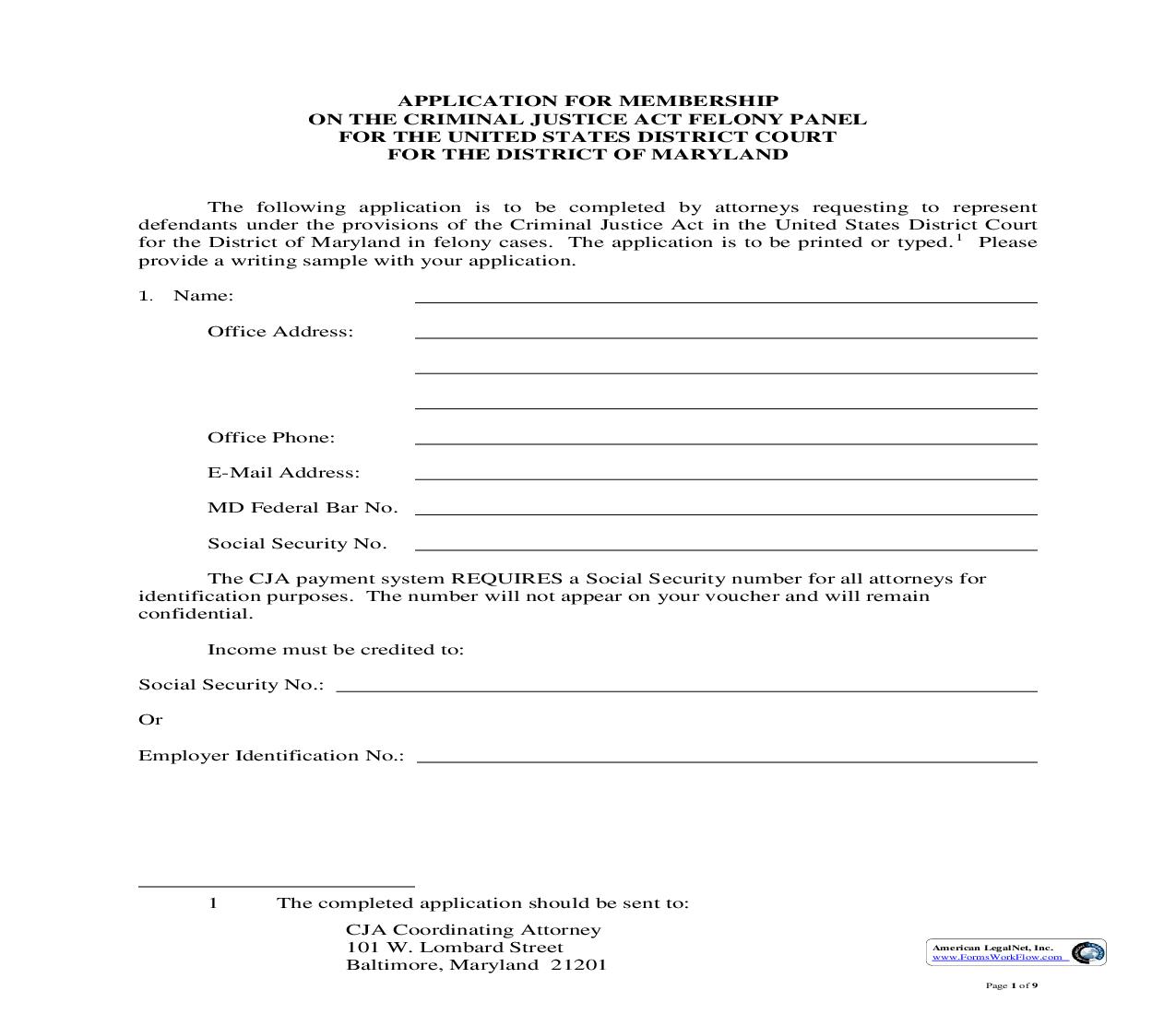 Application For Membership On Criminal Justice Act Felony Panel | Pdf Fpdf Doc Docx | Maryland