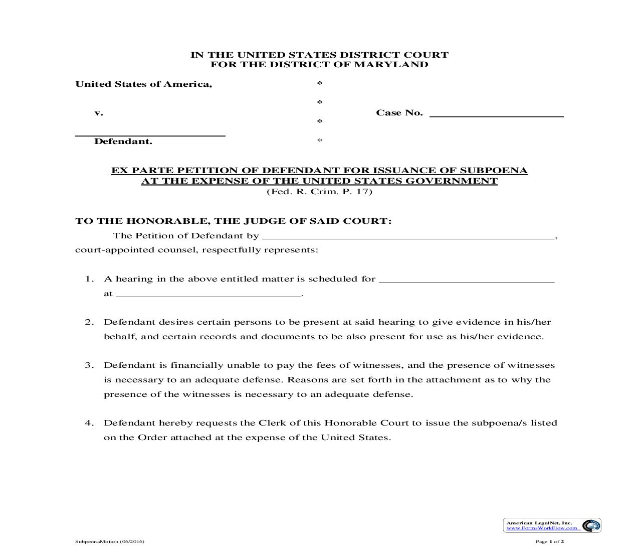 Ex Parte Petition Of Defendant For Issuance At Expense Of US Government (Subpoena Motion) | Pdf Fpdf Doc Docx | Maryland