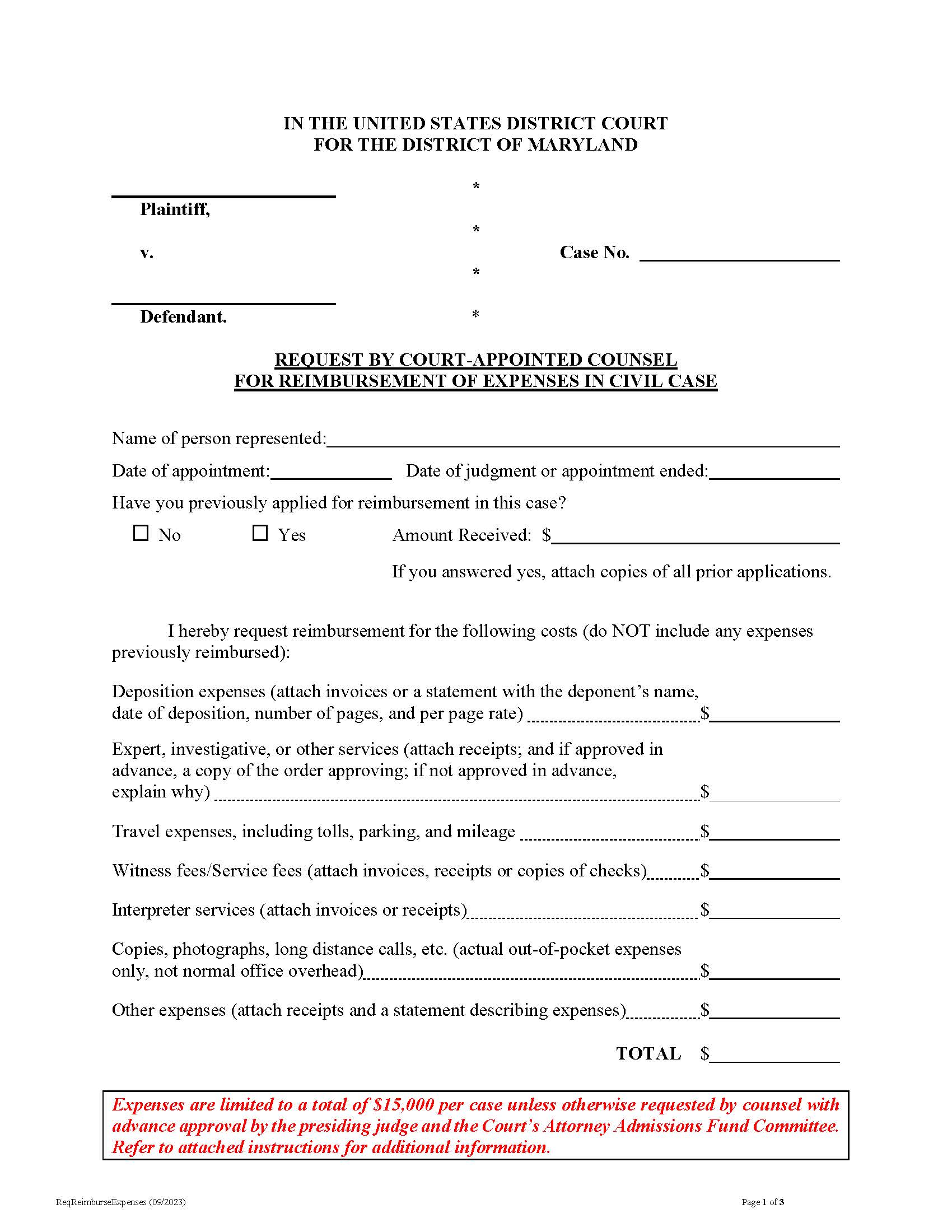 Request By Court Appointed Counsel For Reimbursement Of Expenses | Pdf Fpdf Doc Docx | Maryland