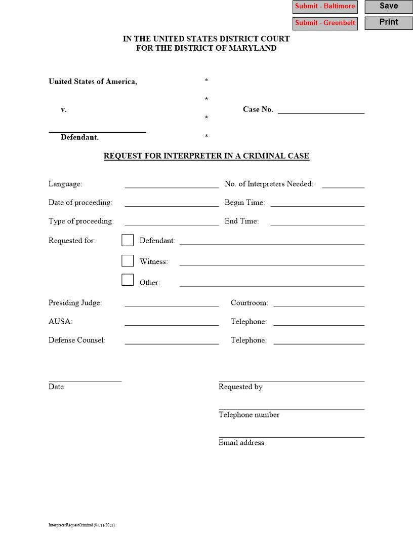 Request For Interpreter In A Criminal Case | Pdf Fpdf Docx | Maryland