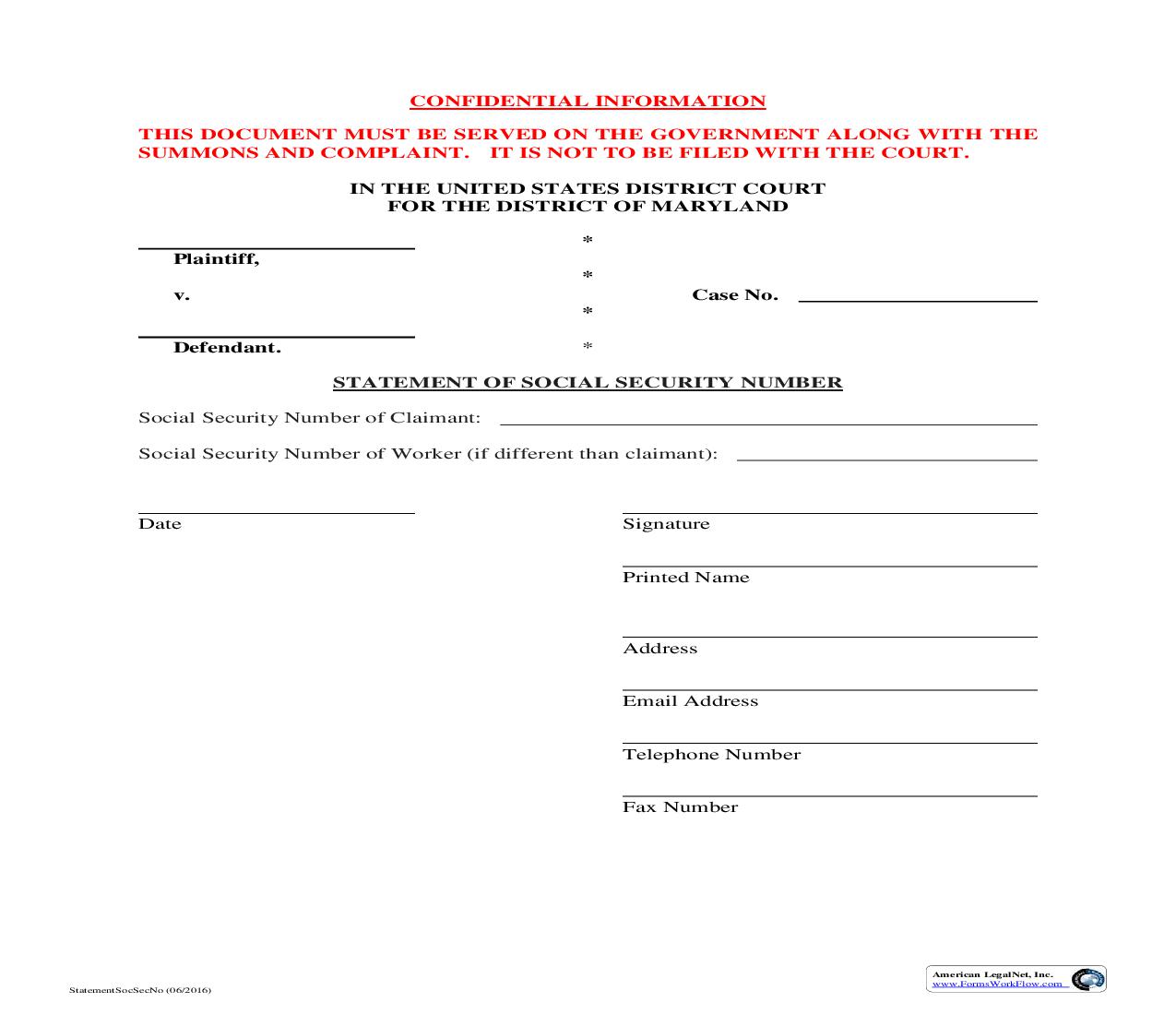 Statement Of Social Security Number | Pdf Fpdf Doc Docx | Maryland
