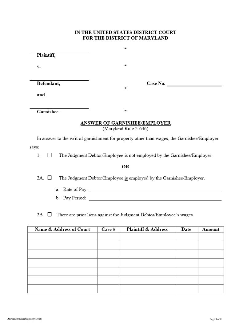 Answer Of Garnishee Employer | Pdf Fpdf Docx | Maryland