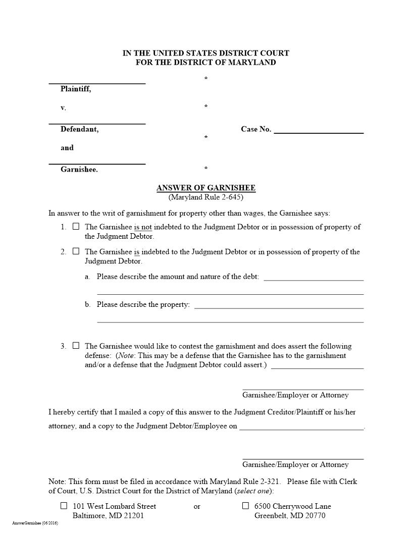 Answer Of Garnishee | Pdf Fpdf Docx | Maryland