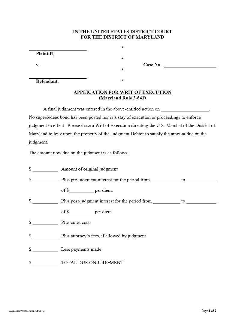 Application For Writ Of Execution | Pdf Fpdf Docx | Maryland