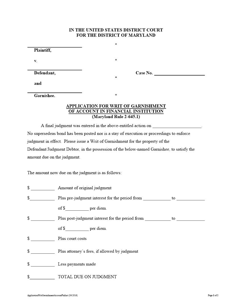 Application For Writ Of Garnishment Of Account In Financial Institution | Pdf Fpdf Docx | Maryland