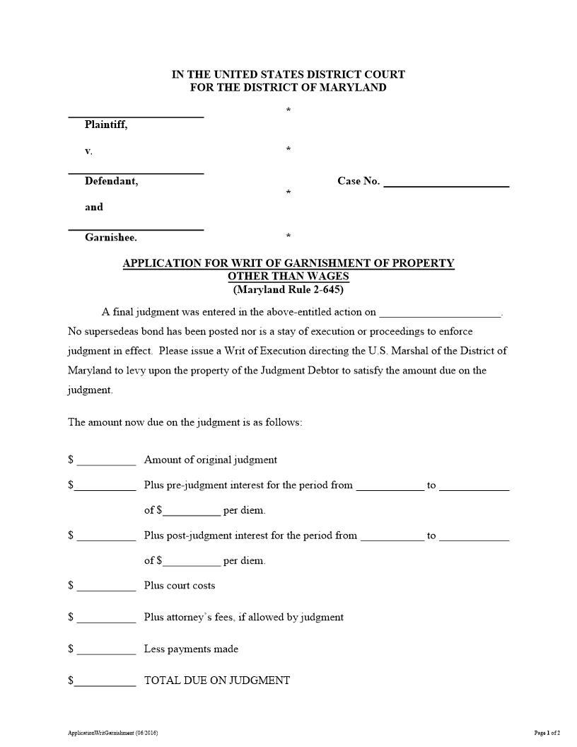 Application For Writ Of Garnishment Of Property Other Than Wages | Pdf Fpdf Docx | Maryland
