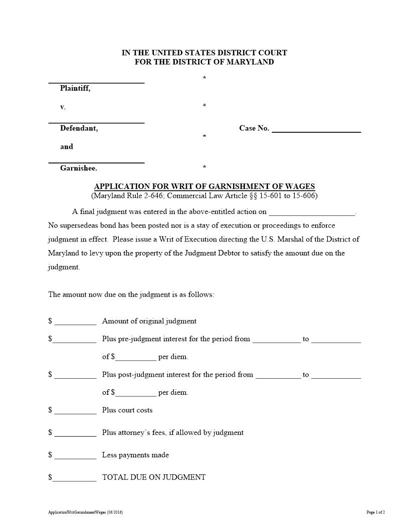 Application For Writ Of Garnishment Of Wages | Pdf Fpdf Docx | Maryland