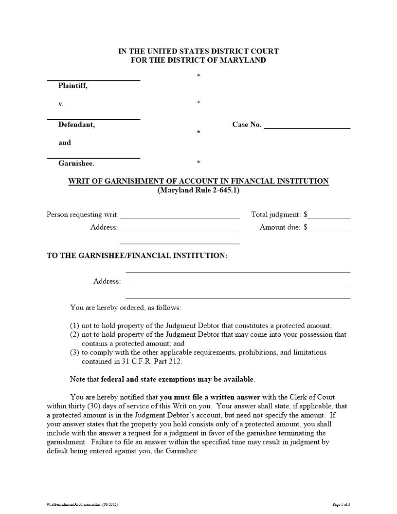 Writ Of Garnishment Of Account In Financial Institution | Pdf Fpdf Docx | Maryland
