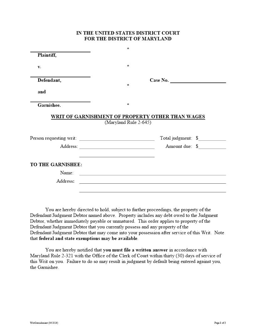 Writ Of Garnishment Of Property Other Than Wages | Pdf Fpdf Docx | Maryland