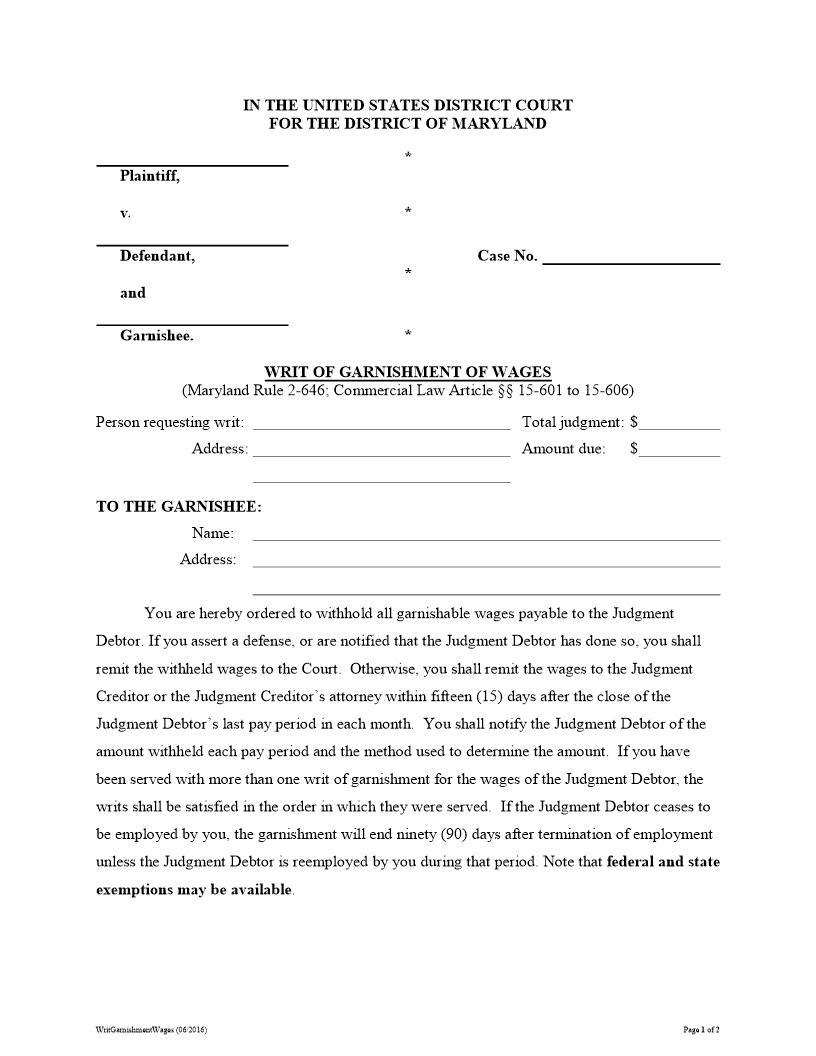 Writ Of Garnishment Of Wages | Pdf Fpdf Docx | Maryland