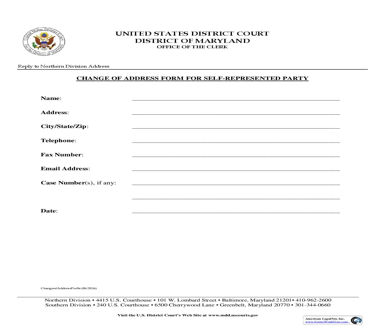 Change Of Address Form For Self-Represented Party | Pdf Fpdf Doc Docx | Maryland