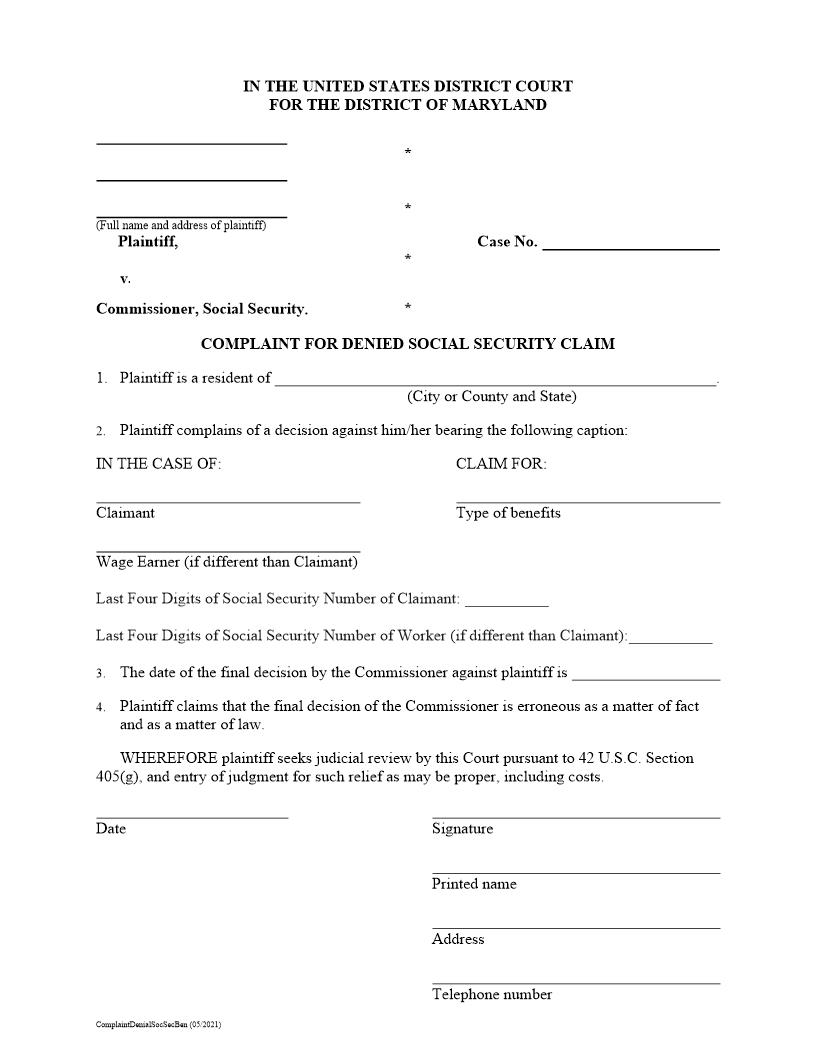 Complaint For Denied Social Security Claim | Pdf Fpdf Doc Docx | Maryland