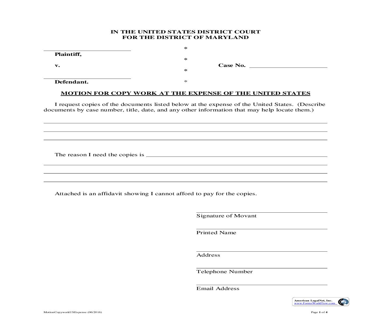 Motion For Copy Work At Expense Of United States | Pdf Fpdf Doc Docx | Maryland