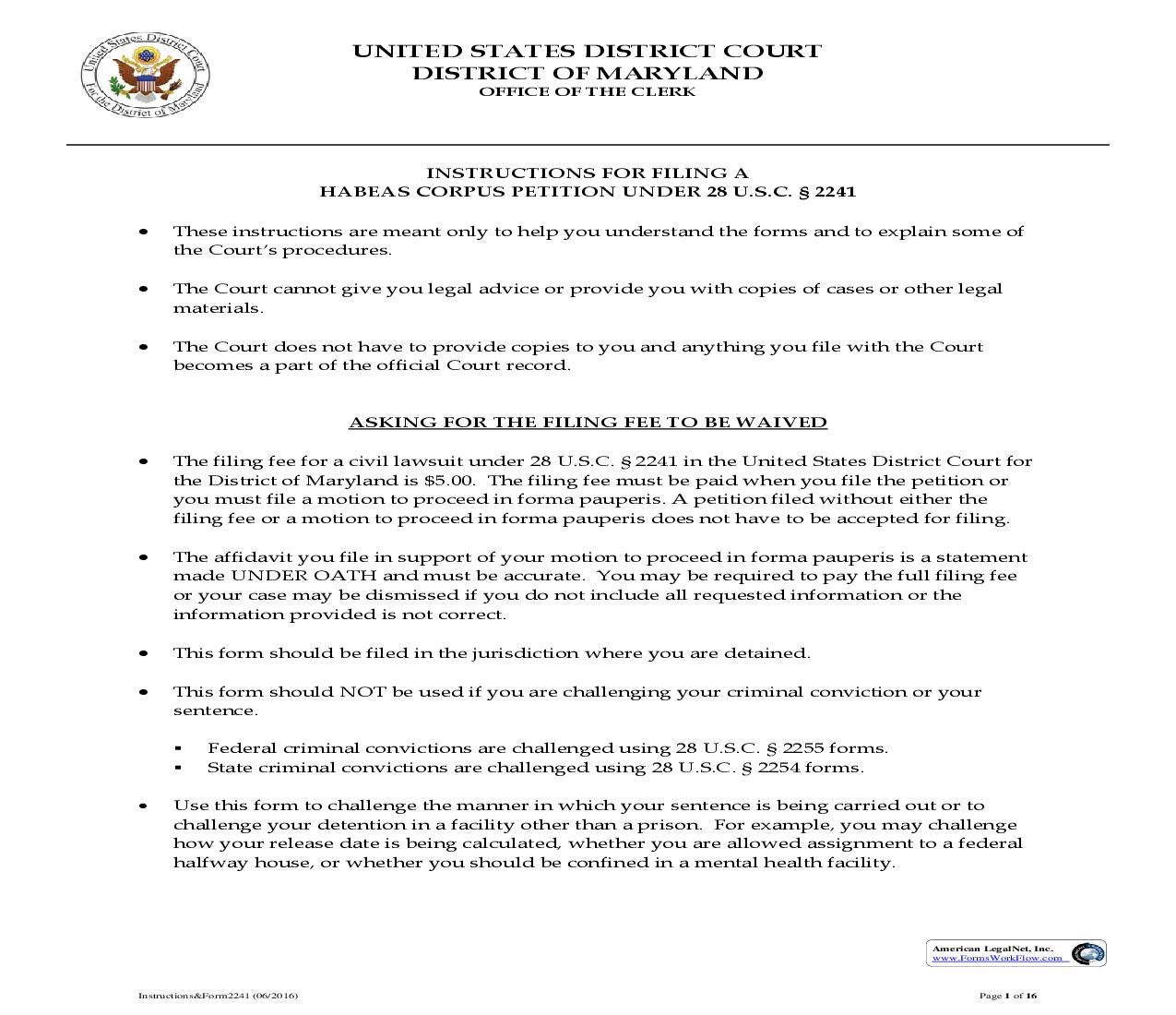Petition For Writ Of Habeas Corpus (Under 28 USC 2241) | Pdf Fpdf Doc Docx | Maryland