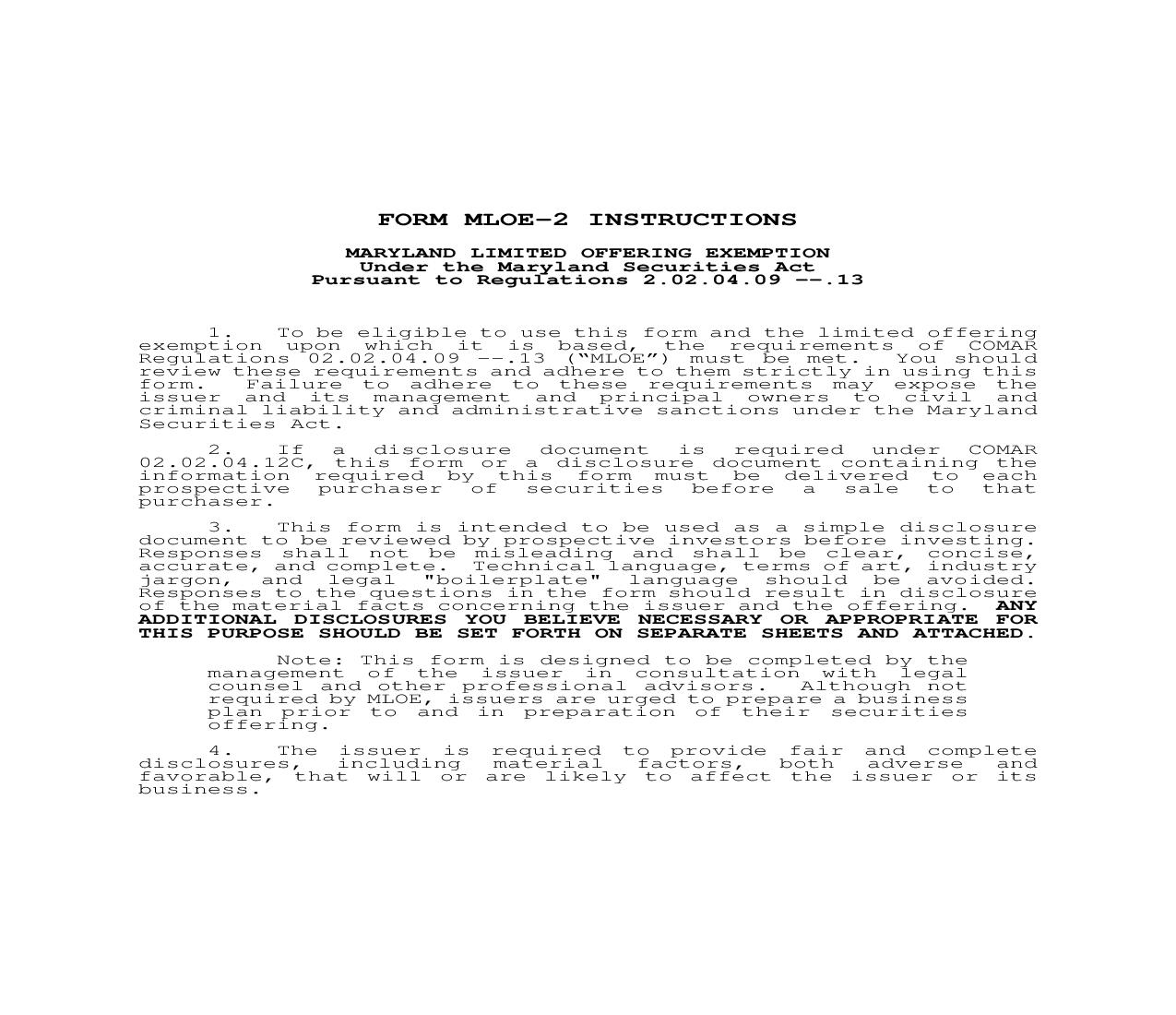 Maryland Limited Offering Exemption Under Maryland Securities Act {MLOE-2} | Pdf Fpdf Doc Docx | Maryland