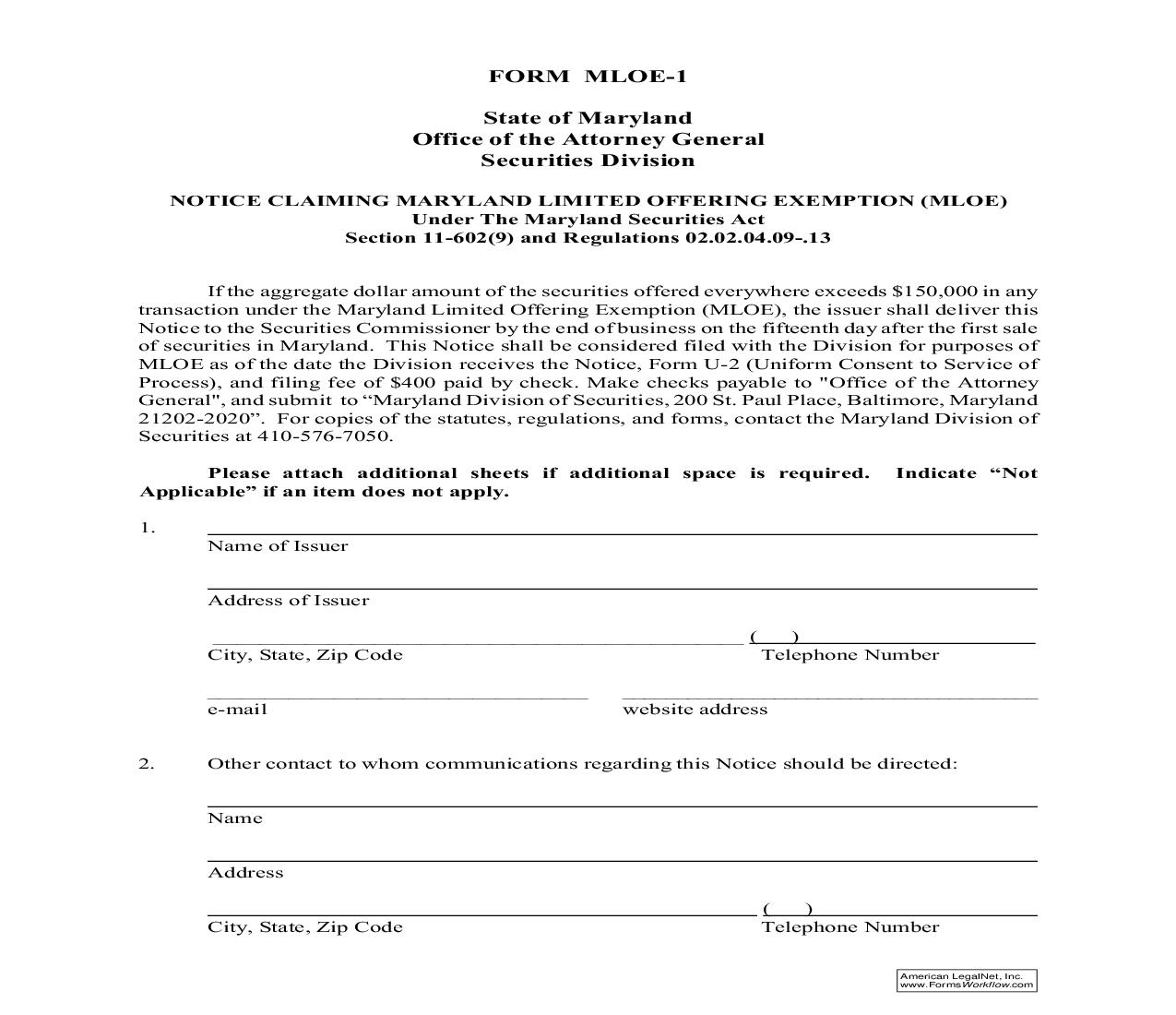Notice Claiming Maryland Limited Offering Exemption {MLOE-1} | Pdf Fpdf Doc Docx | Maryland