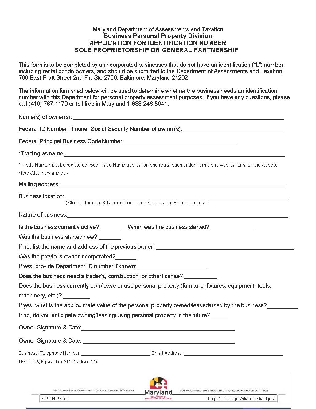 Application For Identification Number (Partnership) | Pdf Fpdf Docx | Maryland