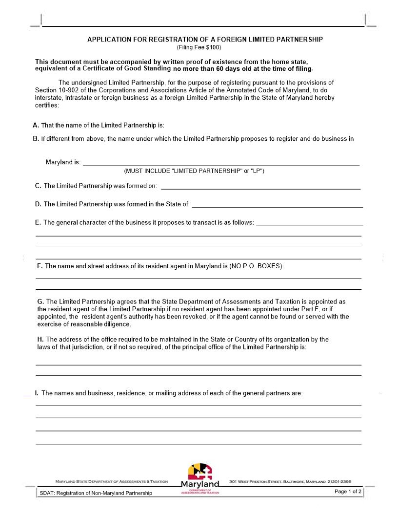 Application For Registration Of Foreign Limited Partnership | Pdf Fpdf Docx | Maryland