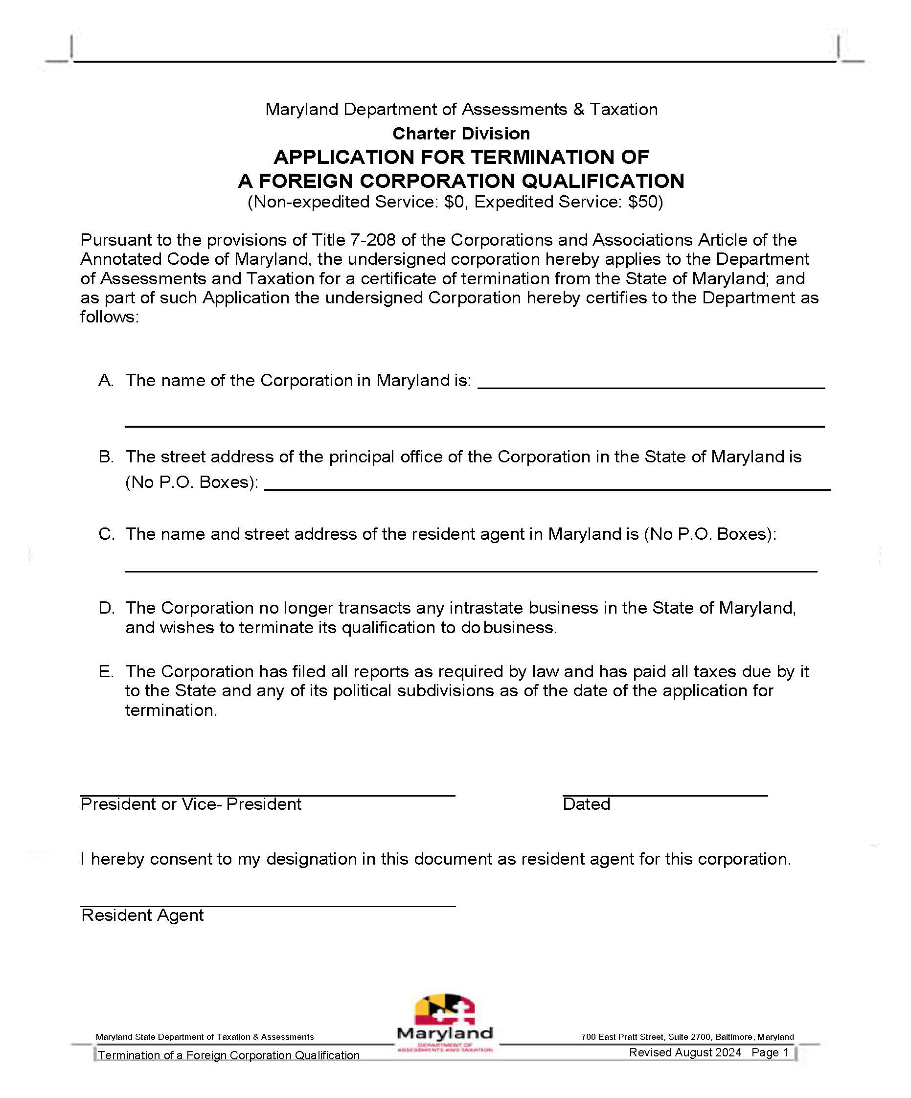 Application For Termination For Foreign Corporation Qualification | Pdf Fpdf Docx | Maryland