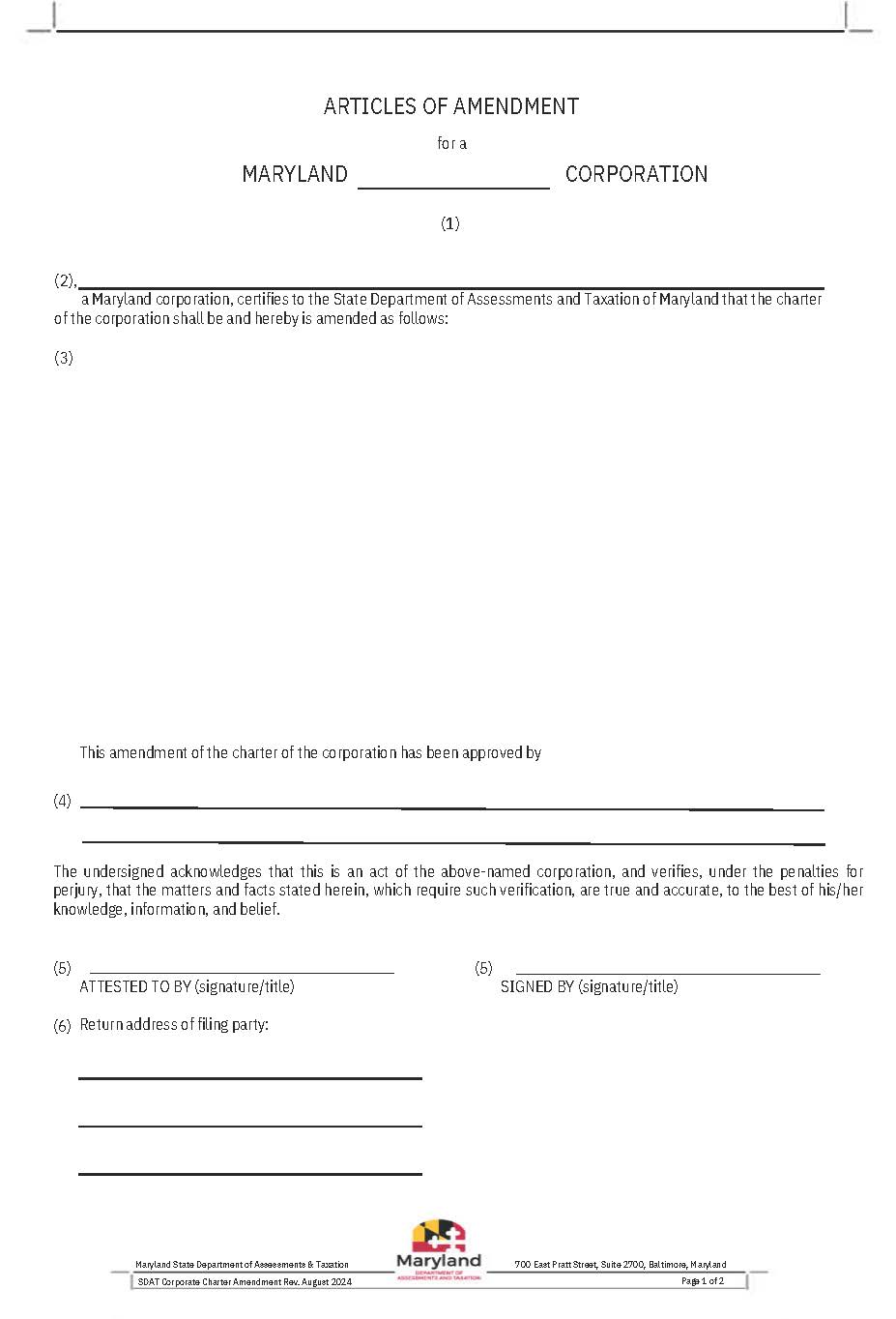 Articles Of Amendment (Corporation) | Pdf Fpdf Docx | Maryland