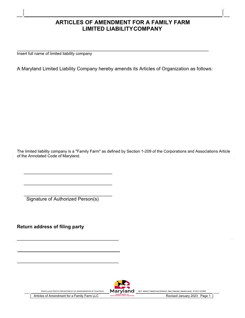 Articles Of Amendment For A Family Farm Limited Liability Company | Pdf Fpdf Docx | Maryland