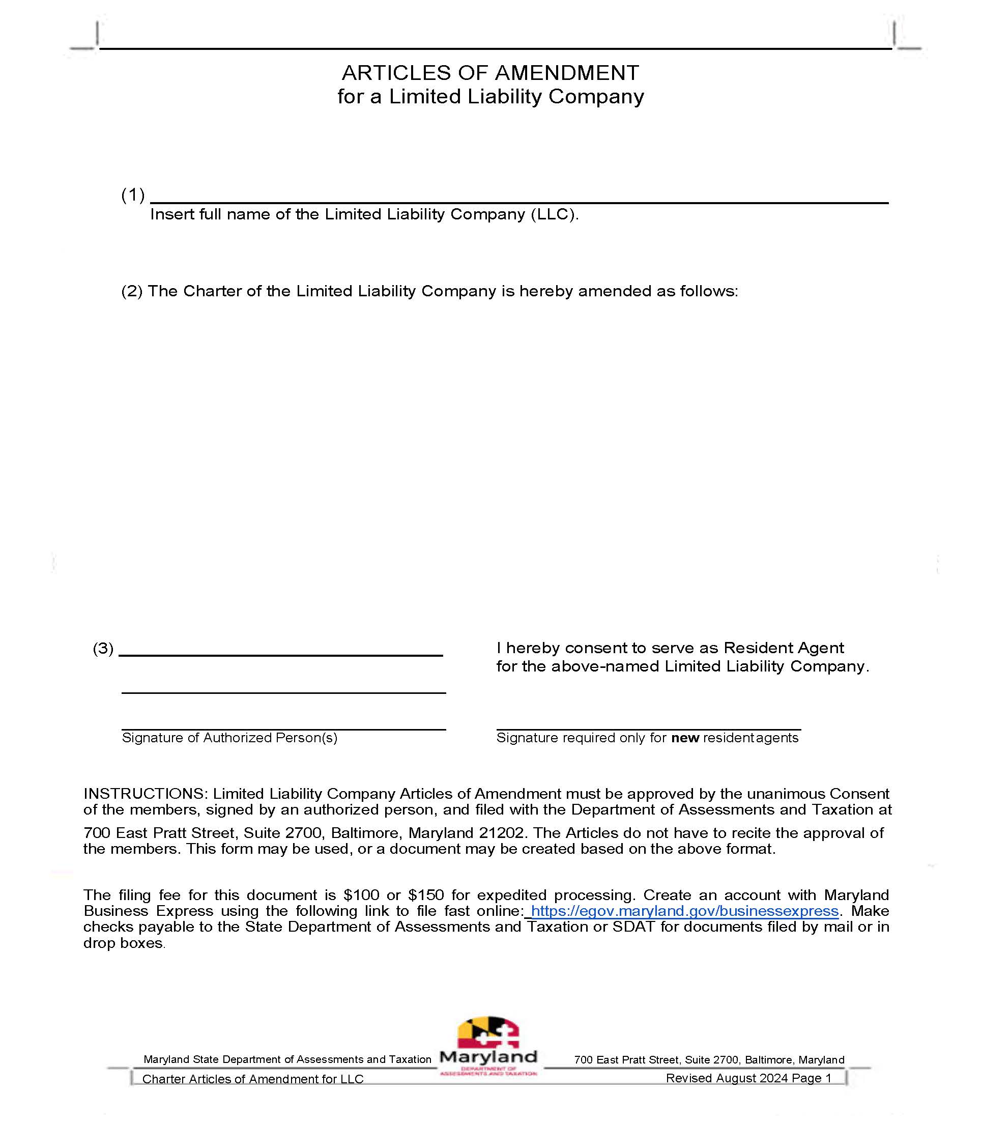 Articles Of Amendment For Limited Liability Company | Pdf Fpdf Docx | Maryland