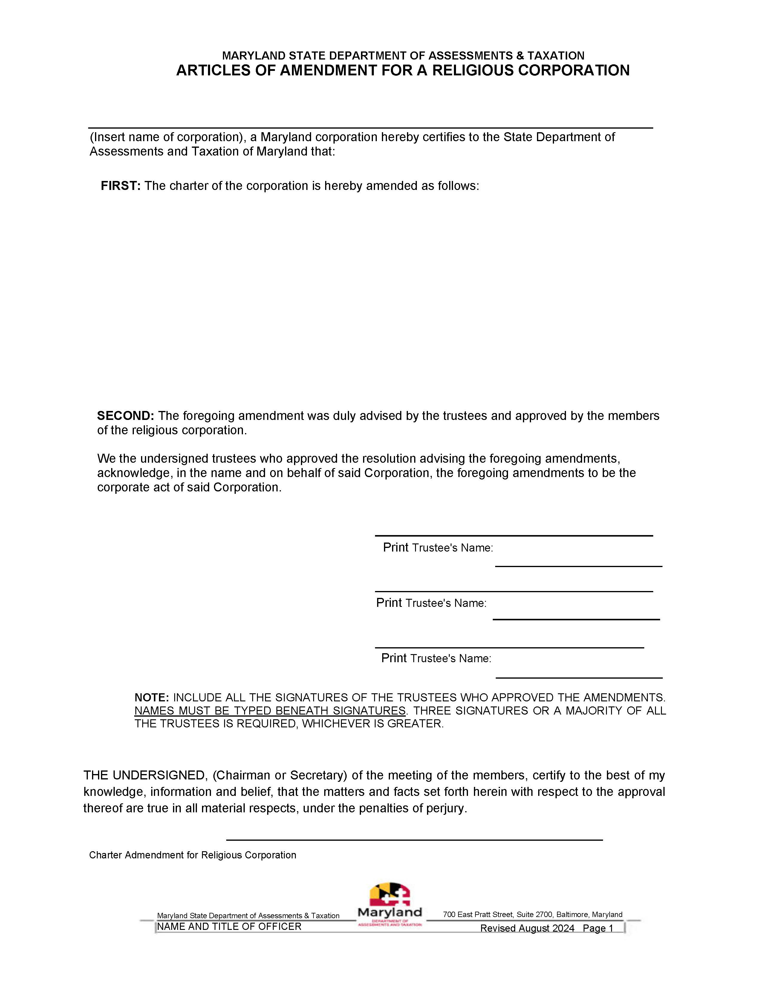 Articles Of Amendment For Religious Corporation | Pdf Fpdf Docx | Maryland