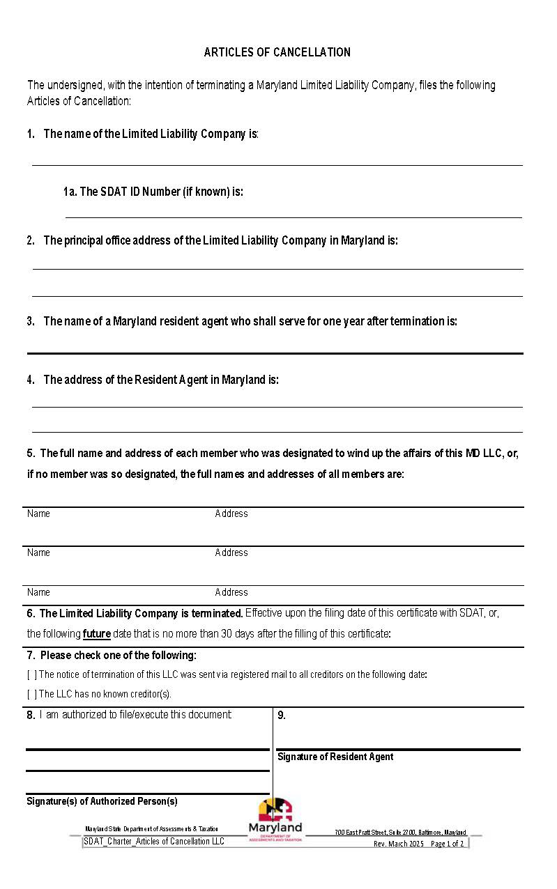 Articles Of Cancellation (Domestic Limited Liability Company) | Pdf Fpdf Docx | Maryland