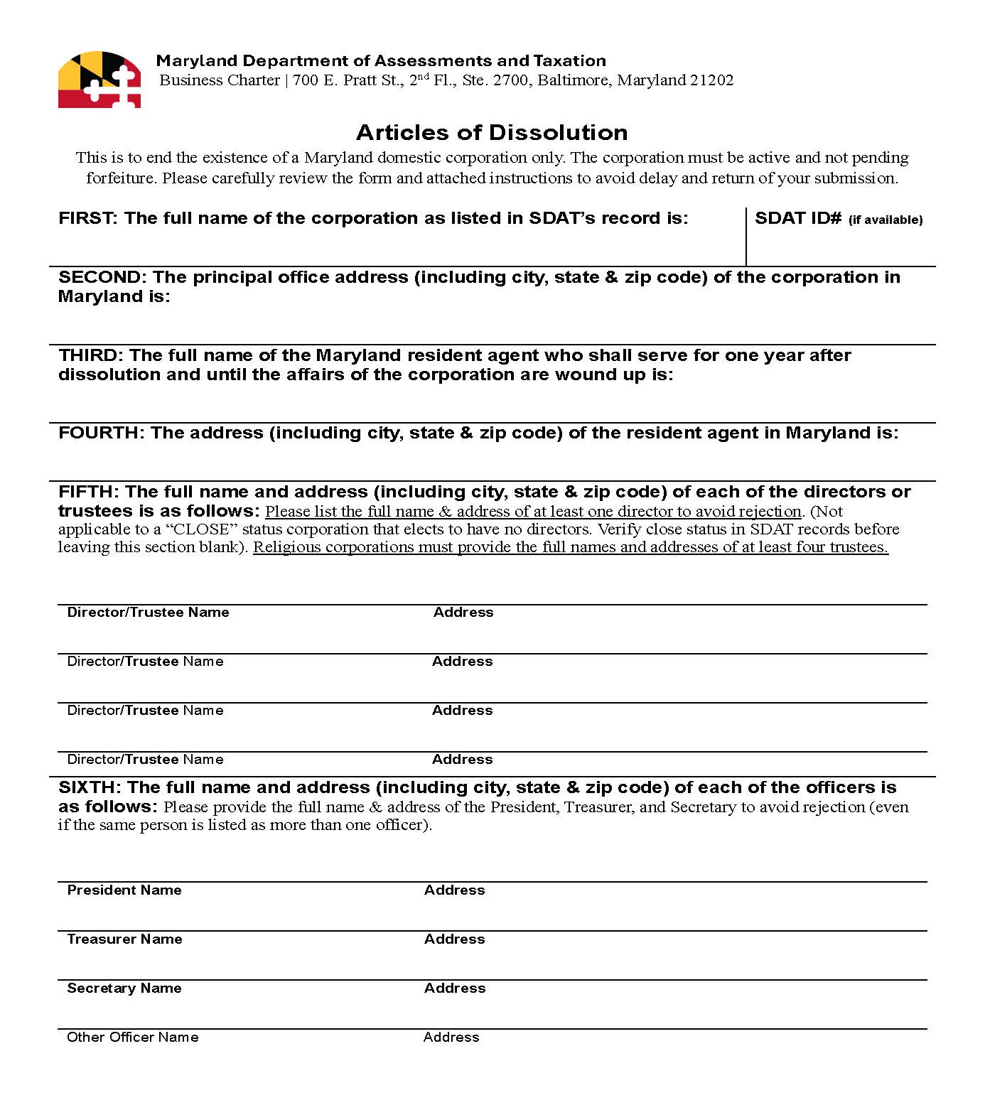 Articles Of Dissolution (Domestic Corporation) | Pdf Fpdf Docx | Maryland
