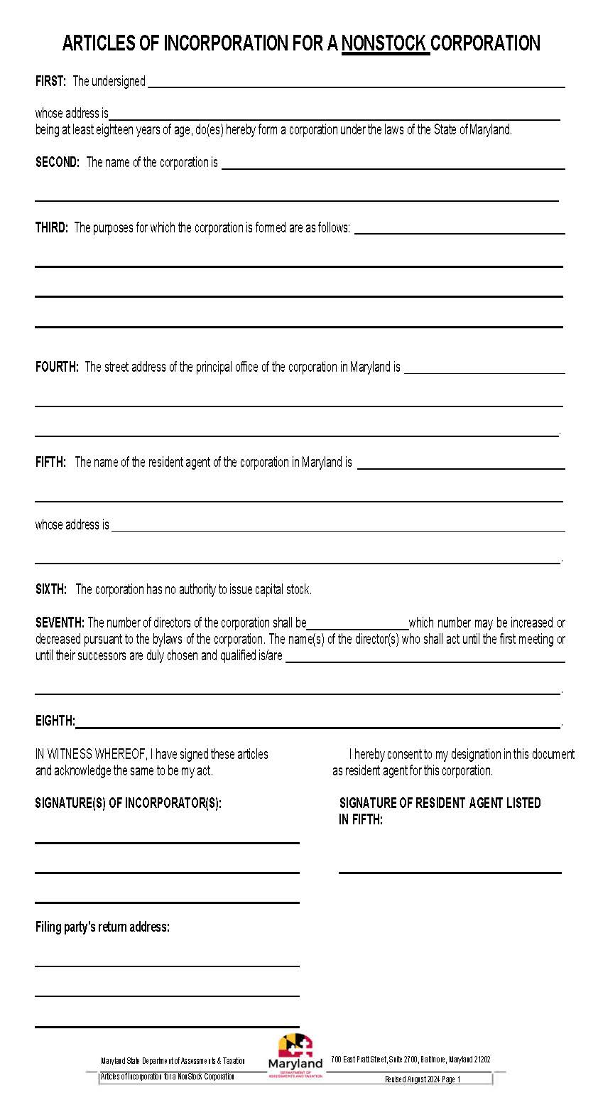 Articles Of Incorporation For A Nonstock Corporation  | Pdf Fpdf Docx | Maryland